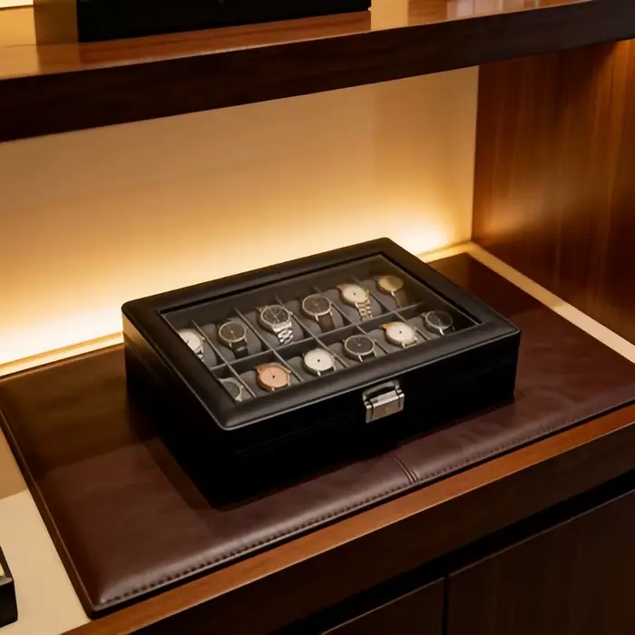 Boîte à montres en cuir pour homme à 12 emplacements avec serrure