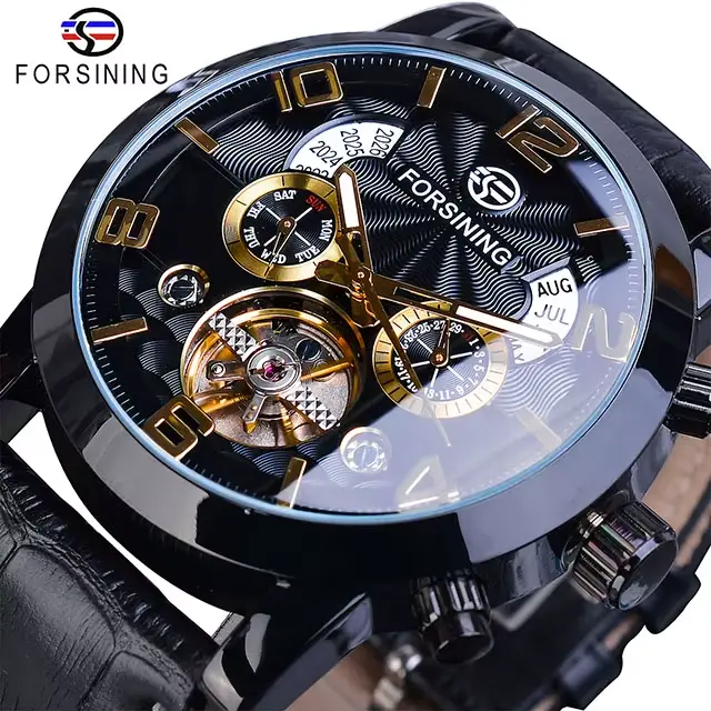 Forsining-Montre mécanique automatique Tourbillon pour homme, horloge noire dorée, affichage multifo