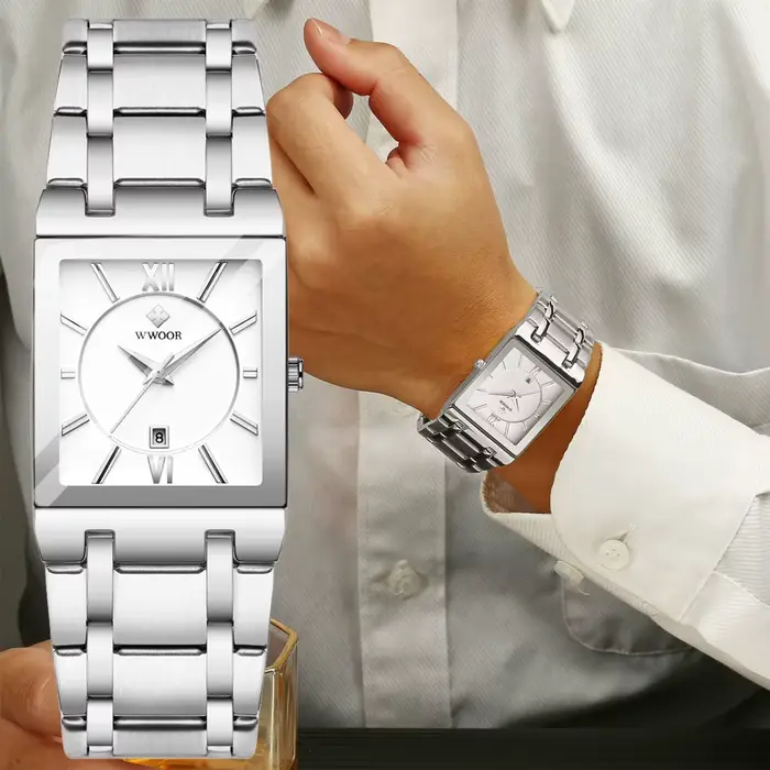 WWOOR – montre carrée blanche pour hommes