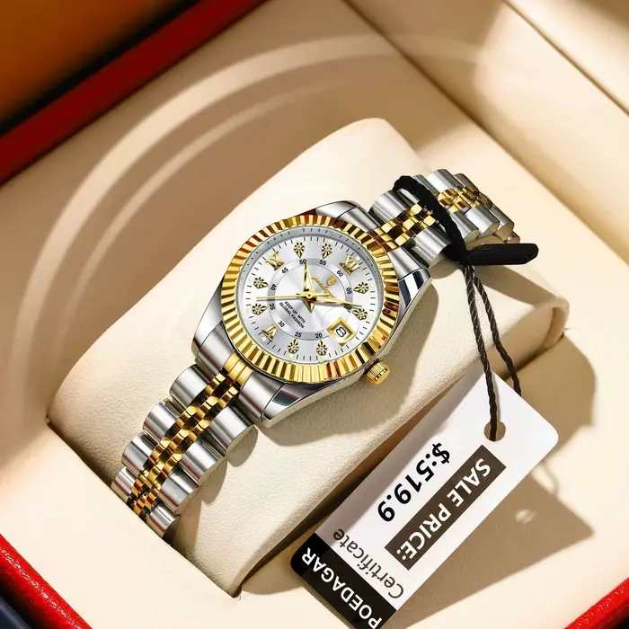 Montre élégante en acier inoxydable avec affichage numérique romain et fonction date automatique pour femmes occasions spéciales