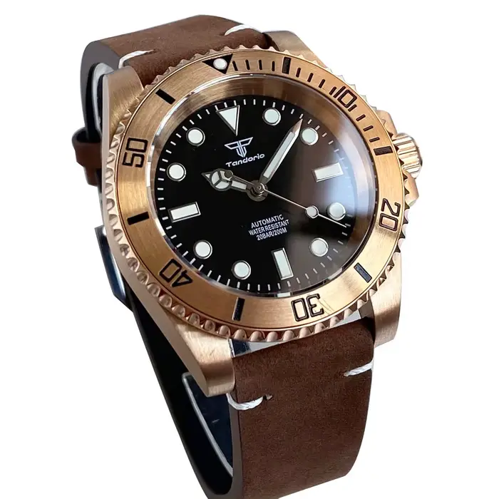 Montre automatique Tandorio Real CUSN8 en bronze avec mouvement NH35/PT5000 pour homme, résistance à l'eau 20 ATM, bracelet en cuir, occassions quotidiennes et formelles