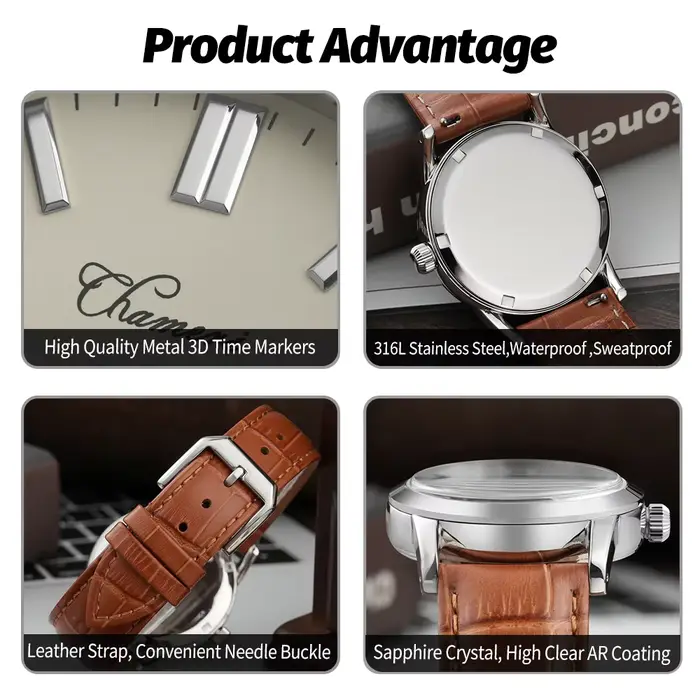 Montre Vintage GS03 en Acier Inoxydable 316L avec Verre Saphir et Mouvement Quartz VH31 pour Homme Occasions Spéciales