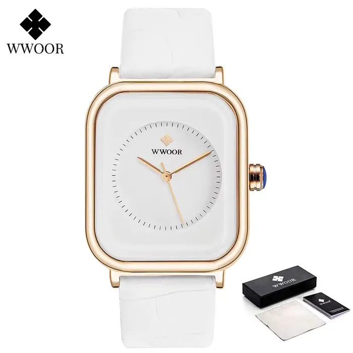 Montre bracelet rectangulaire en cuir blanc pour femmes résistante à l'eau et élégante pour diverses occasions sociales et quotidiennes