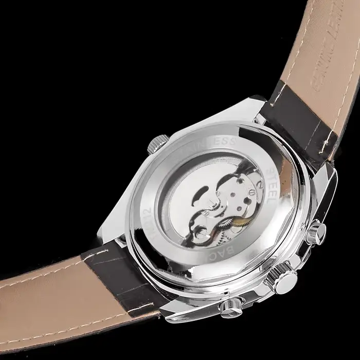 Montre Jaragar en acier inoxydable avec bracelet en cuir pour homme, résistante à l'eau, mouvement automatique, élégante pour occasions spéciales