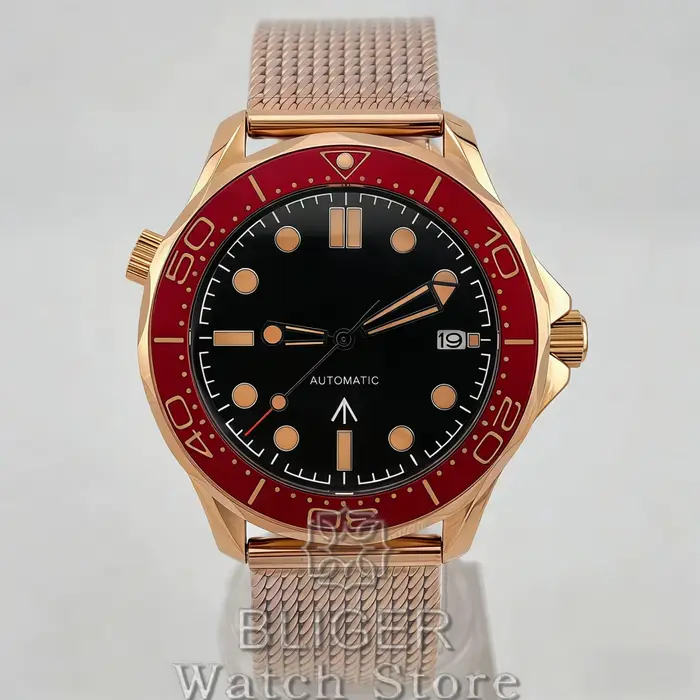 Montre de plongée mécanique BLIGER Vintage Bronze Or Rose 41mm pour homme NH35 PT5000 007 NTTD 100m avec lunette rouge bordeaux et bracelet en maille