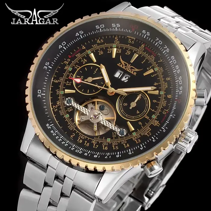 JARAGAR Original grand cadran Tourbillon chronographe automatique homme montres en acier inoxydable Vintage mécanique étanche mâle poignet