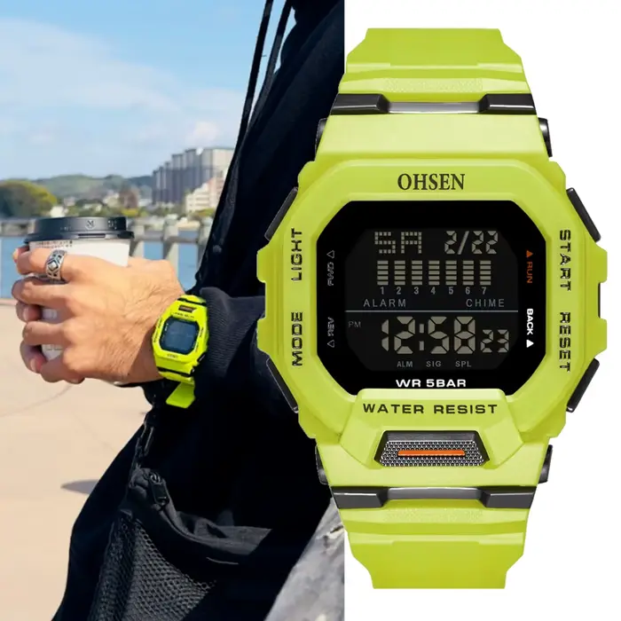Mode OHSEN Hombre mâle montres numériques 5ATM plongée homme hommes sport vert