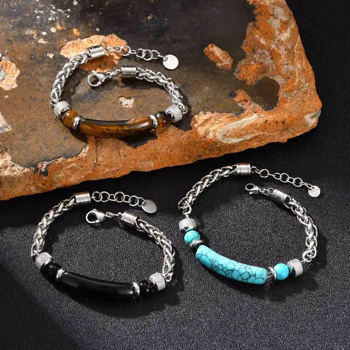 Bracelet Turquoise en pierre d'oeil de tigre naturelle pour hommes