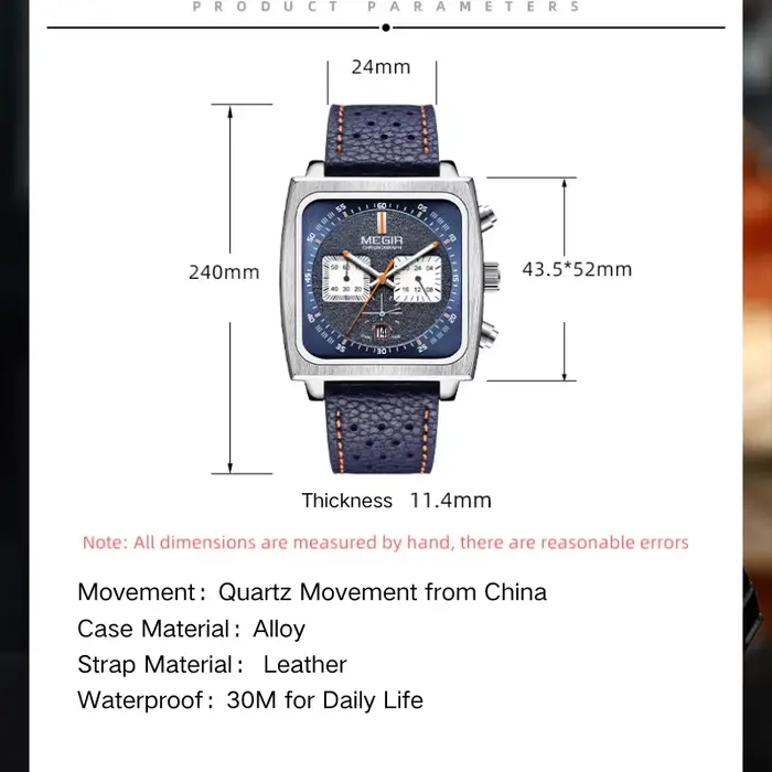 Montre à quartz carrée série chronographe avec calendrier 43