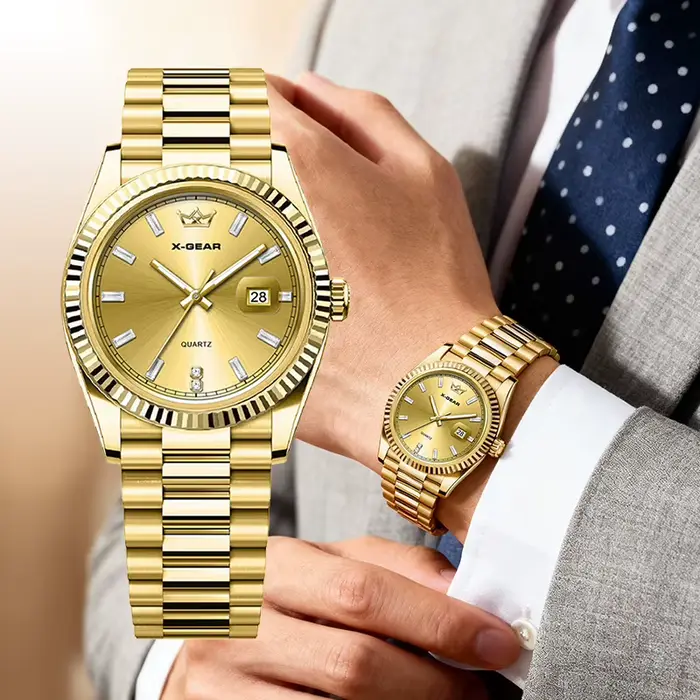 Montre-bracelet homme X-GEAR acier inoxydable or et vert style business casual avec calendrier mouvement quartz résistance à l'eau 5 bars pour femmes occasions spéciales
