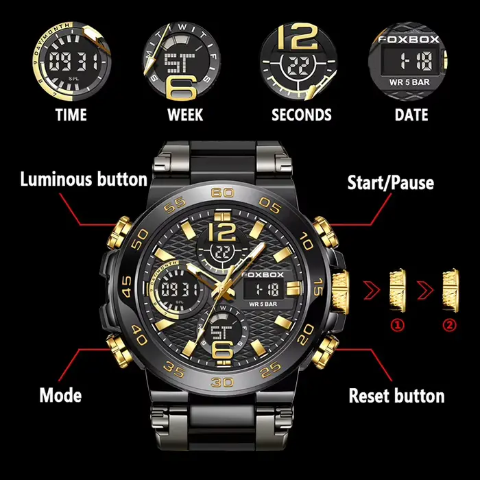 FOXBOX Top marque montre de sport pour homme Quartz numérique militaire montre-bracelet 50 M étanche lumineux hommes