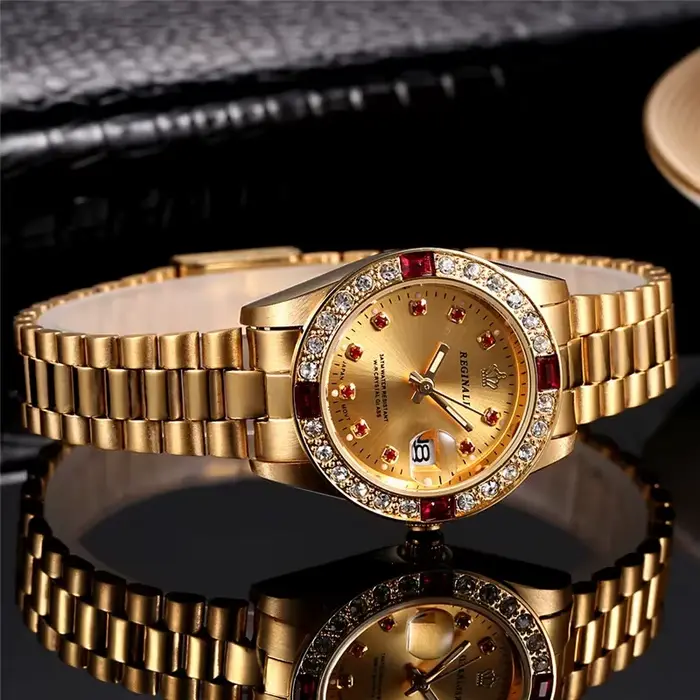 REGINALD – montre-bracelet pour femmes, couleur or, Date, cristal, style, robe, horloge, étanche