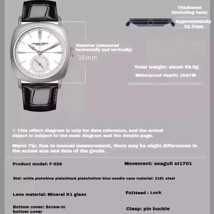 Montre mécanique homme mouette St1701 36mm automatique acier inoxydable bracelet cuir étanche 10bars occassions spéciales