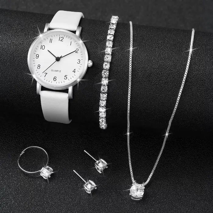 Montre à Quartz analogique pour femmes, 5/6 pièces, bracelet en cuir, avec bijoux en diamant (sans b