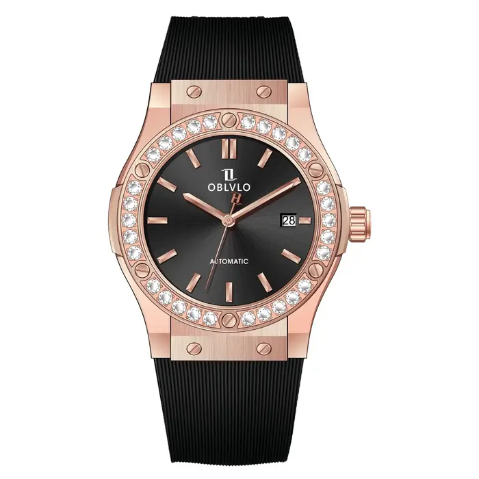 OBLVLO hommes de luxe or Rose cadran noir avec diamants lunette montre automatique étanche élastique