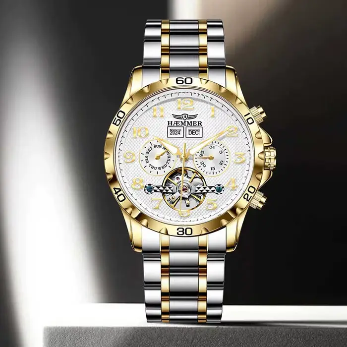 Montre mécanique multifonction automatique homme acier inoxydable résistante à l'eau avec calendrier et affichage semaine élégante multifonctionnelle pour homme occasions spéciales