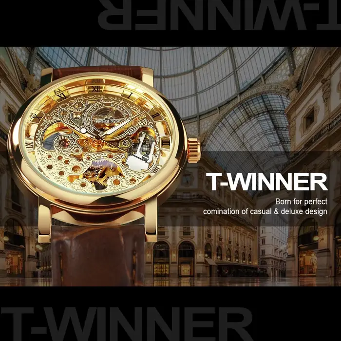 Montre homme Gagnant Seton avec boîtier doré transparent, bracelet en cuir, horloge mécanique de luxe, cadeau pour hommes occasions spéciales Saint Valentin Noël Carnaval