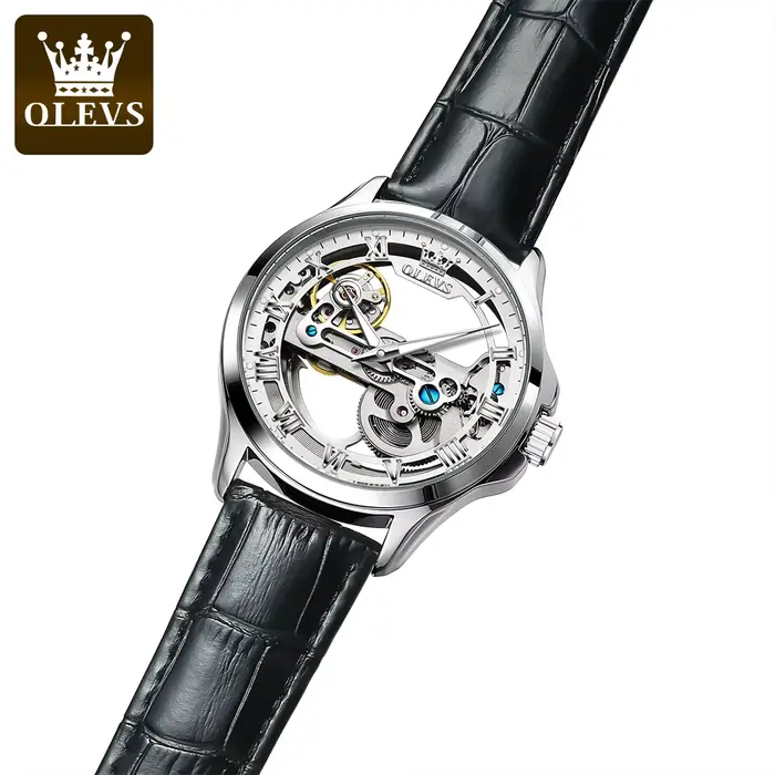 OLEVS 6661 montres automatiques bracelet en cuir creux Transparent étanche lumineux mécanique montre-bracelet pour