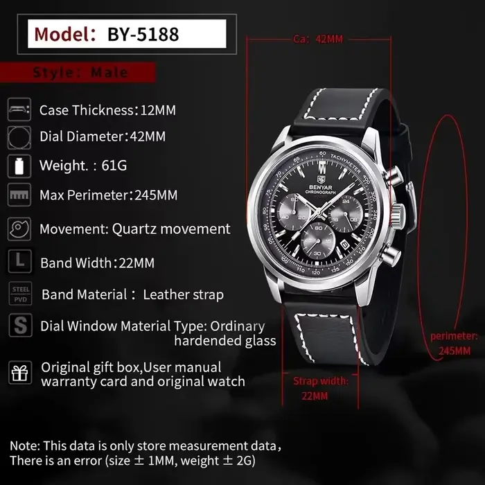 BENYAR 5188 nouvelles montres à Quartz pour hommes Top marque 42MM montre militaire de luxe chronographe 30M étanche mâle horloge Reloj Hombre