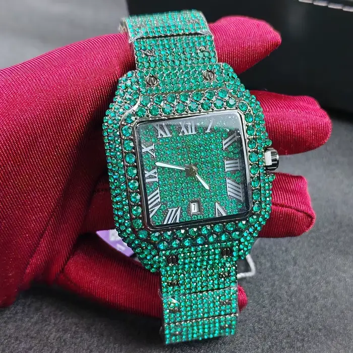 Montre glacée pour hommes plein diamant Reloj Mujer homme montre-bracelet à Quartz mâle nouveau noir or bleu vert dames carré Hip Hop horloge
