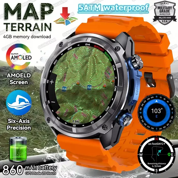 Montre connectée GPS avec carte terrain, résistante aux chocs, pour sportifs et aventuriers, suivi de fitness, sommeil et fréquence cardiaque, étanche jusqu'à 100m
