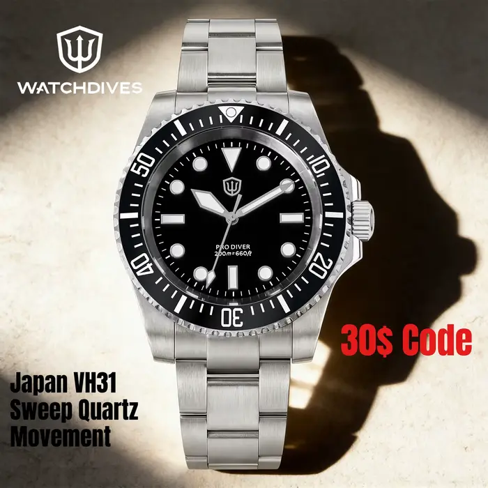 Watchdives WD1680Q V2 Montre de plongée VH31 Sweep Quartz 39mm Saphir 200M Étanche Lunette en céramique BGW9 Lume Acier inoxydable Homme