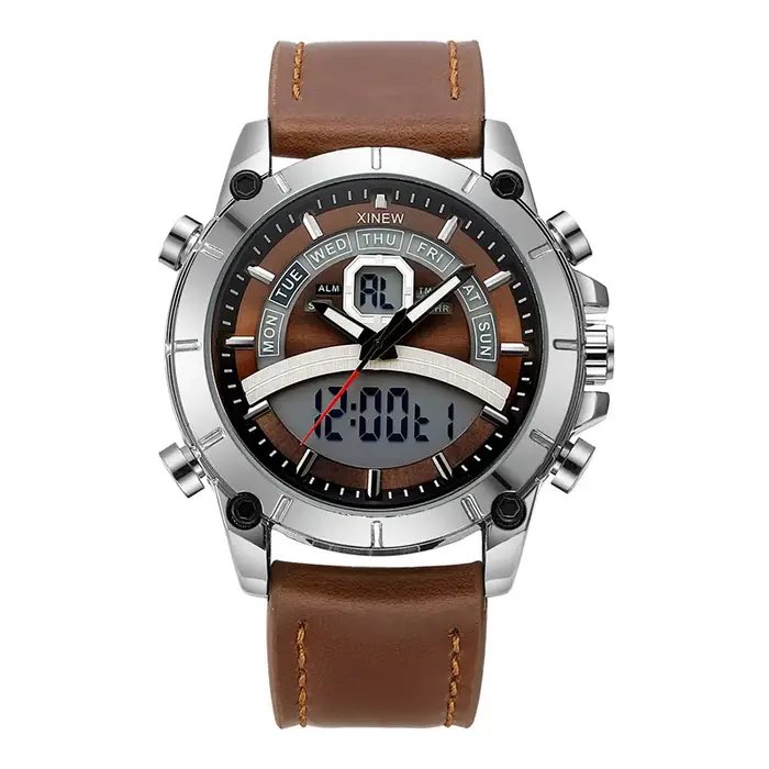 Montre homme XINEW à quartz avec double affichage analogique-digital, bracelet en cuir, chronographe et répéteur pour occasions spéciales