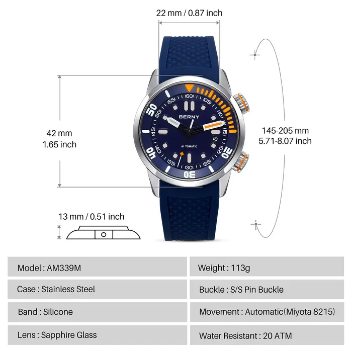 BERNY – montre de plongée professionnelle automatique pour hommes