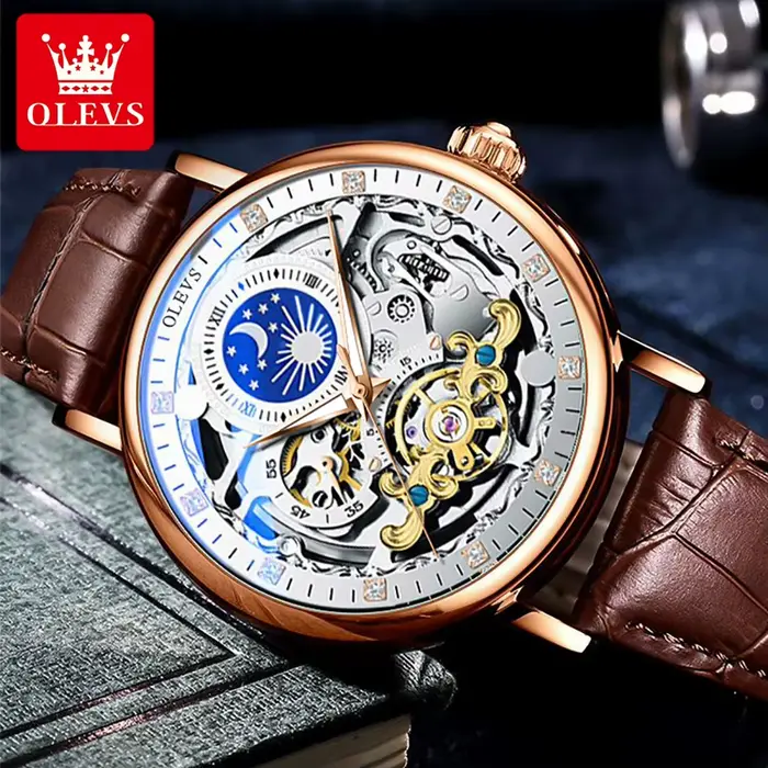 Montre mécanique OLEVS luxe avec tourbillon squelette phase de lune pour homme cuir résistant à l'eau occassions spéciales