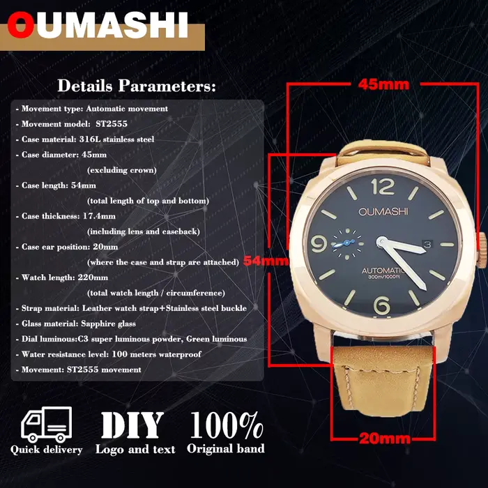 45mm ST2555 montres pour hommes automatique saphir cristal résistant à l'eau lumineux Vintage luxe affaires grand visage