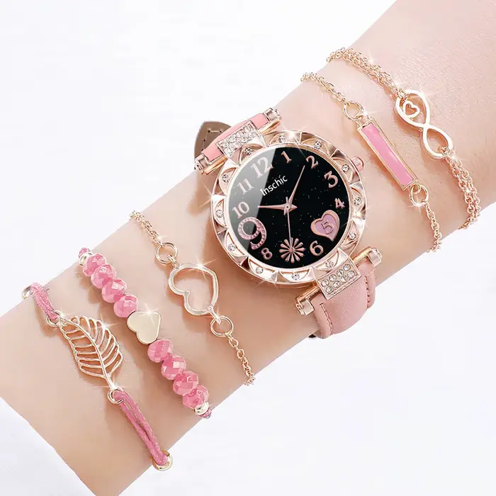 6 pièces/ensemble mode coeur cadran montre pour femme bracelet en cuir décontracté analogique Quartz