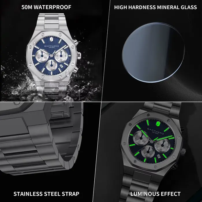 SAPPHERO montre pour hommes montre étanche fonction chronographe Date aiguilles lumineuses montre en
