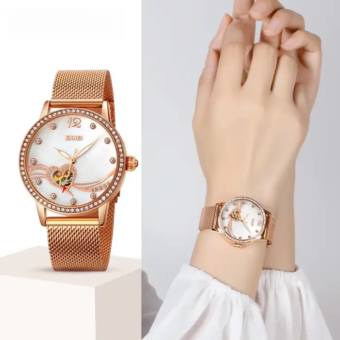 Montre mécanique automatique en acier inoxydable avec strass pour femmes résistante à l'eau et lumineuse pour occasions spéciales