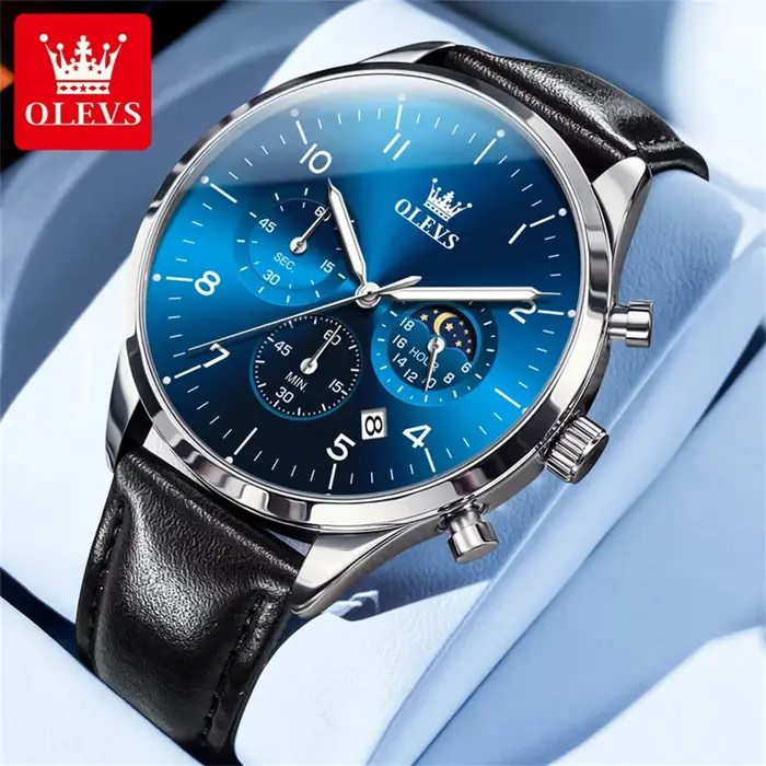 Montre OLEVS Phase de Lune Quartz Hommes Cuir Étanche Calendrier Lumineux Occasions Spéciales