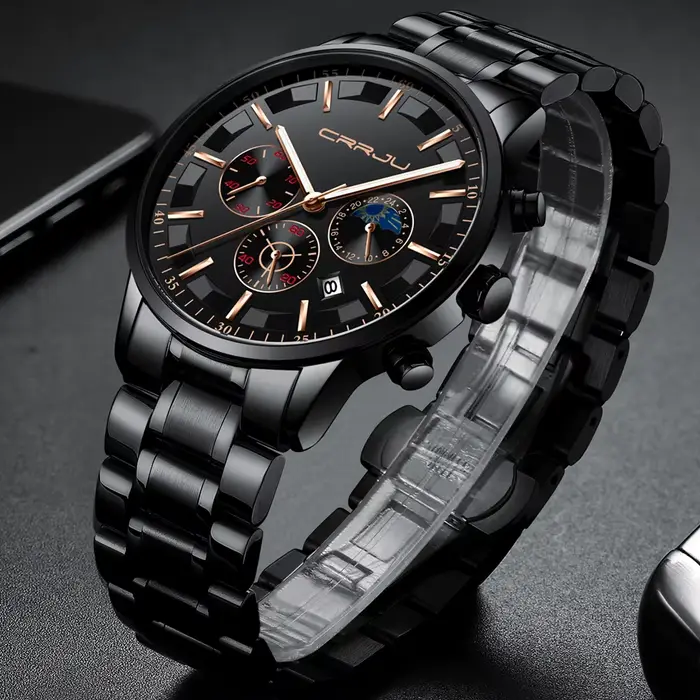 CRRJU-Montre à quartz étanche en acier pour homme, montres de sport, horloge noire, mode d'affaires, marque supérieure, luxe
