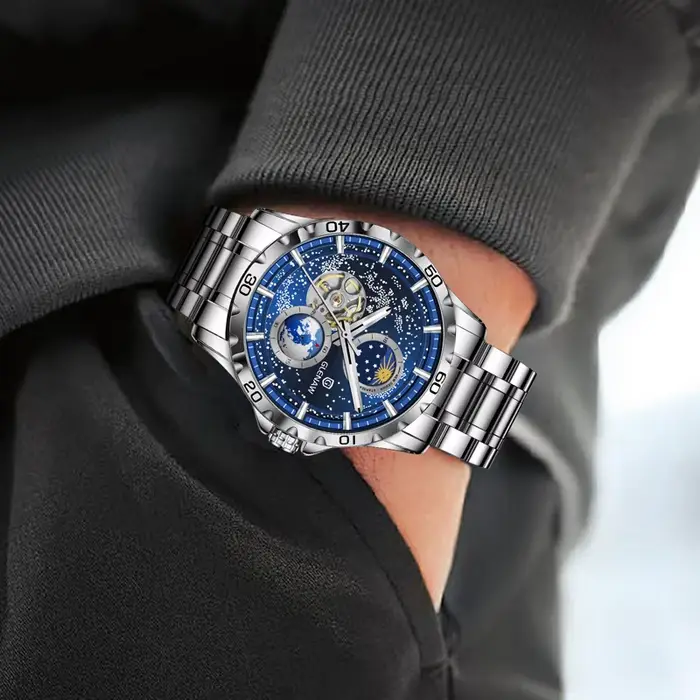 Montre-bracelet automatique mécanique GLENAW pour homme avec cadran rotatif et double aiguille des secondes