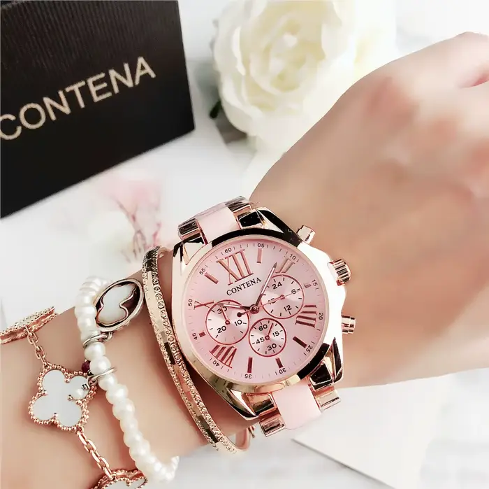 Top marque de luxe or Rose Quartz montre pour femme dames