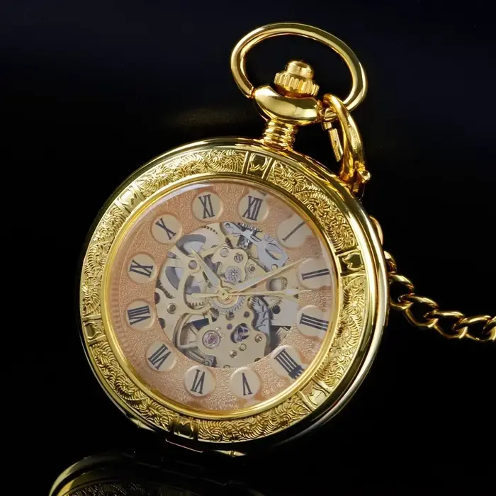 Montre de poche mécanique de luxe dorée pour homme, boîtier ajouré vintage, montre de poche mécaniqu