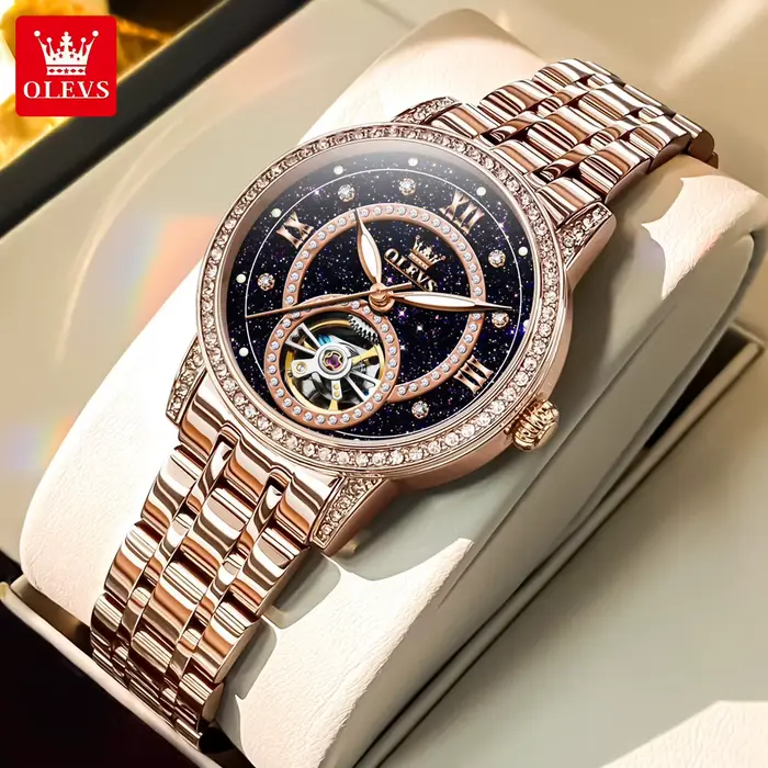 Montre de luxe mécanique automatique pour femme avec incrustations de diamants et design étoilé pour occasions spéciales et cadeaux