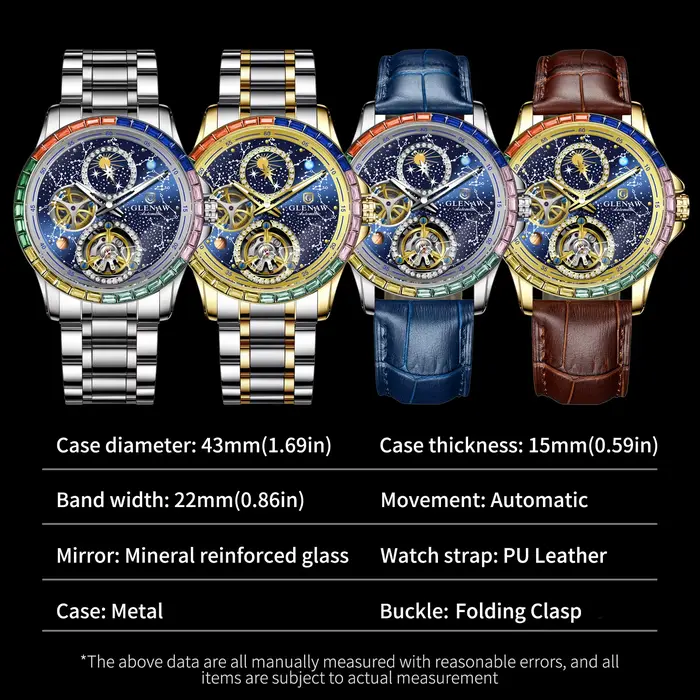 Montre GLENAW Design 2026 Constellation Dial Arc-en-Ciel Lumineuse et Étanche pour Hommes Occasions Spéciales