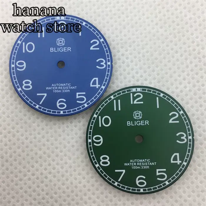 BLIGER 29mm cadran lumineux noir vert bleu avec NH34 NH35 NH36 ETA 2836 2824 Miyota 8205/8215/821A perle DG2813/3804 mouvement
