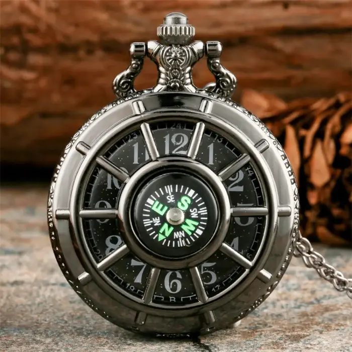 Montre de poche à Quartz Design boussole noire Vintage