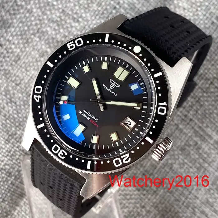 Tandorio 62MAS NH35 PT5000 mouvement automatique AR dôme verre saphir lumineux 300M étanche plongeur hommes montre bracelet gaufré
