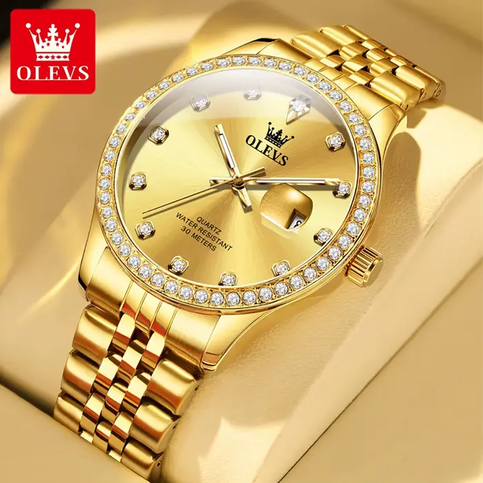 Montre OLEVS 3629 or et diamants montre-bracelet homme quartz résistante à l'eau pour hommes occasions spéciales