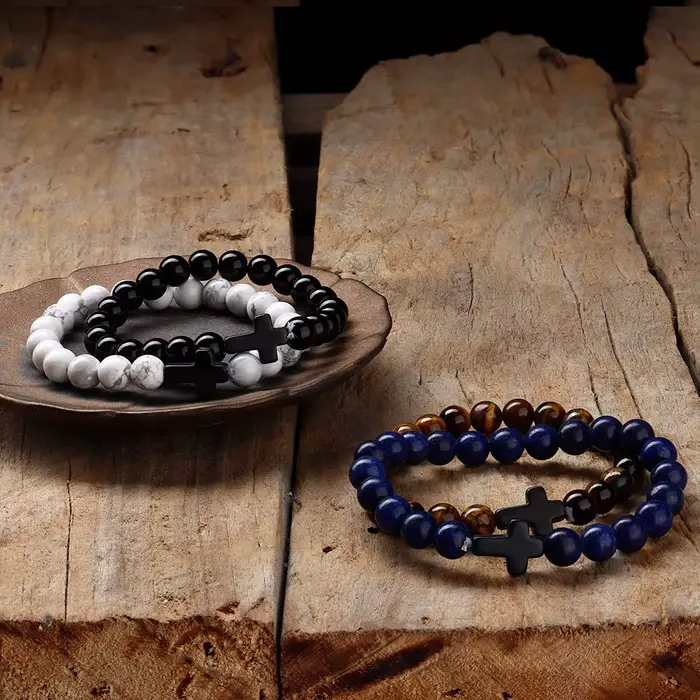 Bracelet holographique en pierre naturelle avec croix pour méditation et relaxation homme femme occasion spéciale