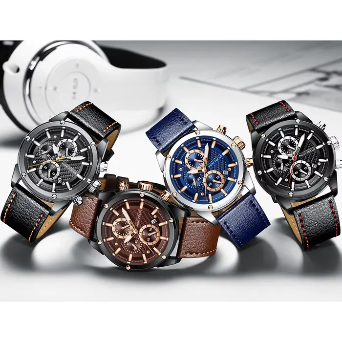 Montres de sport décontractées MINI FOCUS pour hommes, montre-bracelet en cuir militaire de luxe de marque haut de gamme, montre pour homme, chronographe tendance