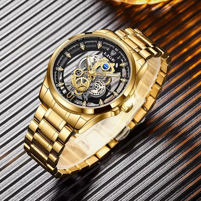 LIGE – montre à Quartz automatique pour hommes, squelette doré, Vintage, marque de luxe, 2026