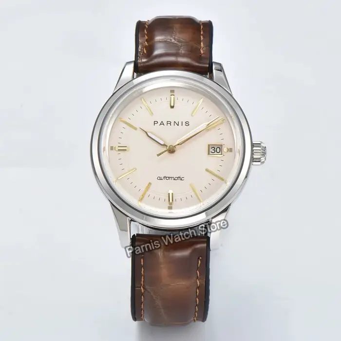 Parnis 39.5mm boîtier en or cadran noir automatique hommes montre bracelet en cuir saphir cristal mo