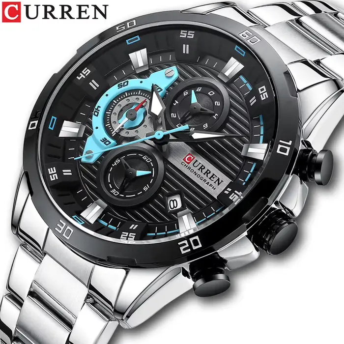 Montre Curren 8402 en Acier Inoxydable Design Créatif Cadran Lumineux Chronographe Montre Luxe Homme Occasions Spéciales