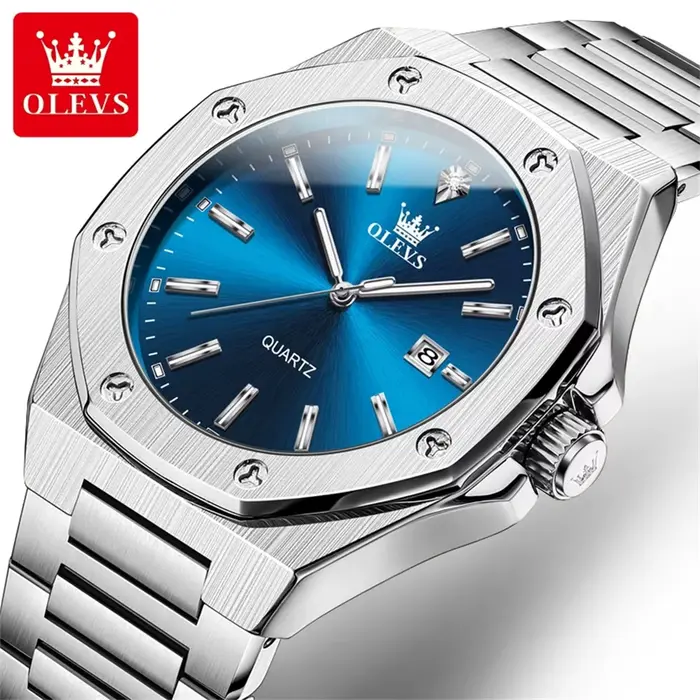 OLEVS montres pour hommes de luxe argent bleu classique montre à Quartz pour homme étanche en acier inoxydable lumineux Reloj Hombre 2025